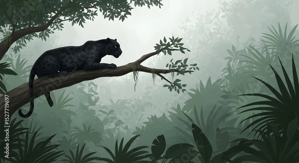 Fototapeta Black Panther in Lush Habitat: A striking black panther, perched regally upon a branch, surveys its vibrant, green surroundings. The artwork captures the animal's grace and power.