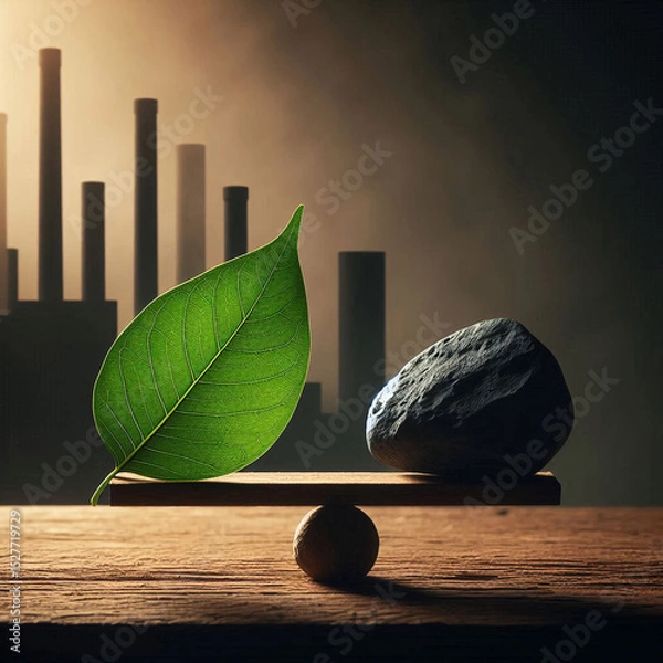 Fototapeta Green leaf and gray stone balanced on a wooden surface with blurred vertical bars in the background, symbolizing balance and nature concepts.