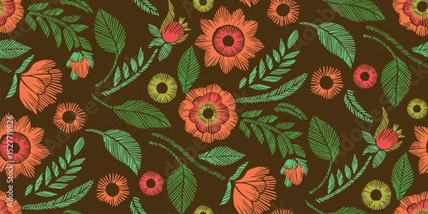Obraz Floral Seamless Pattern with Embroidered Flowers and Leaves Vector