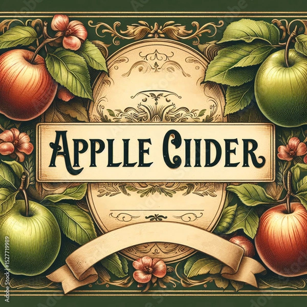 Obraz Vintage style label with apples and apple cider text surrounded by green and red apples and leaves on a decorative background.