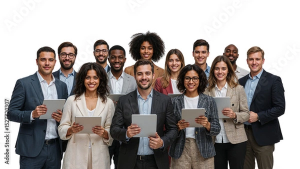 Fototapeta Diverse group of business professionals smiling and holding tablets in a studio setting shot on transparent background