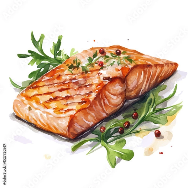 Fototapeta watercolor vector of Grilled Salmon, high quality, isolated on a white background.