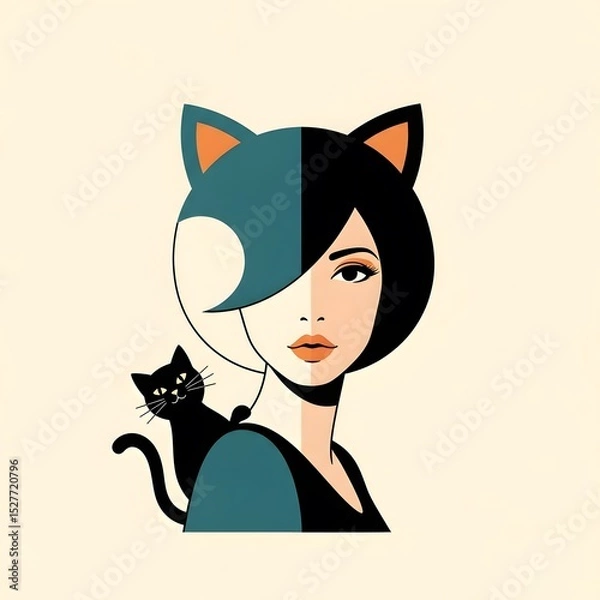 Fototapeta Cat-Eared Elegance: A captivating artistic depiction of a woman adorned with cat-like ears, accompanied by a sleek, black feline companion, embodies an air of mystique and playful charm.