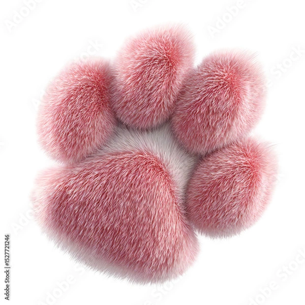Fototapeta A close up of a fluffy pink and white paw print against a black background showing the texture isolated white background