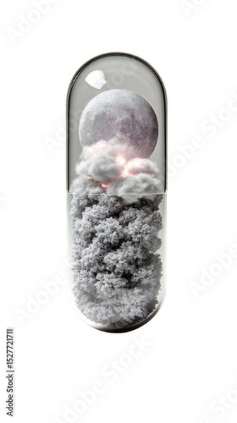 Fototapeta A capsule filled with clouds and a moon inside against a black background in a surreal composition isolated white background