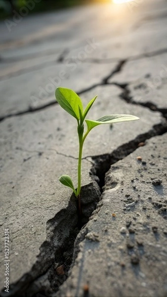 Fototapeta Vibrant green sprout breaking through a crack in a dry, grey concrete surface. The image highlights the powerful contrast between new life and the sterile environment.