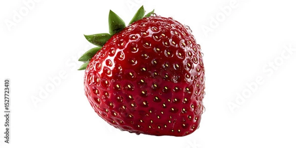 Fototapeta Close up of a vibrant red strawberry with green leaves against a stark black background in sharp focus isolated white background