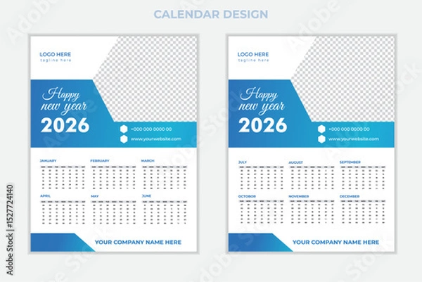 Obraz Unique modern colorful 2026 new year calendar design.New Calender design template 2026 vactor design desk calender12 month.Wall calendar design template for 2026, minimalist, clean, and elegant design