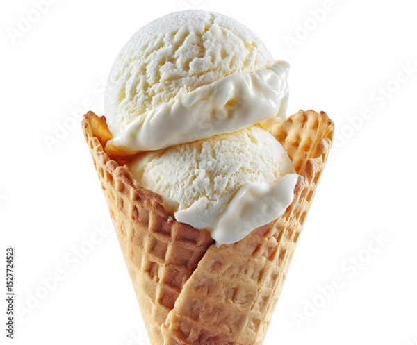 Fototapeta A vanilla ice cream cone with two scoops on a black background in a close up studio shot view isolated white background