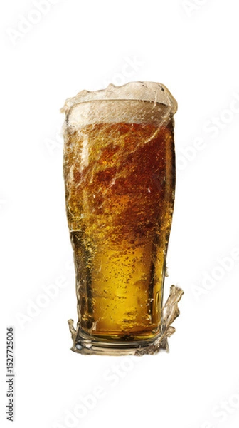 Fototapeta A close up shot of a full glass of beer with foam overflowing on a black isolated background scene isolated white background