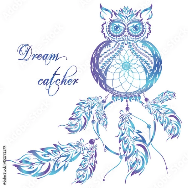 Obraz Vector dream catcher owl. Blue background.