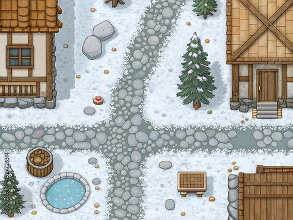 Obraz Snowy Village Ground – Seamless Top-Down Cartoon Texture