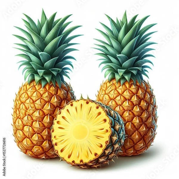 Obraz Two whole pineapples and one pineapple half with green leaves and textured yellow skin on white background.