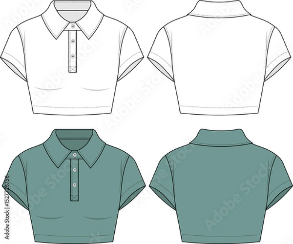 Obraz Polo neck cropped t shirt technical fashion illustration, vector. Crop top, short sleeve summer t shirt fashion flat sketch technical drawing template, CAD, mockup set