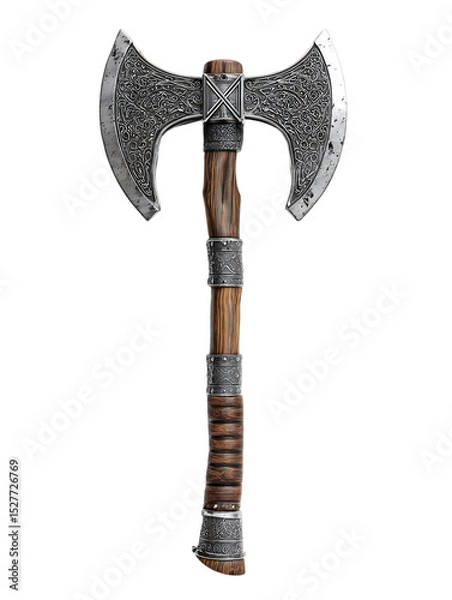 Fototapeta A detailed ornate double bladed axe with a wooden handle isolated on a black background in a studio shot isolated white background