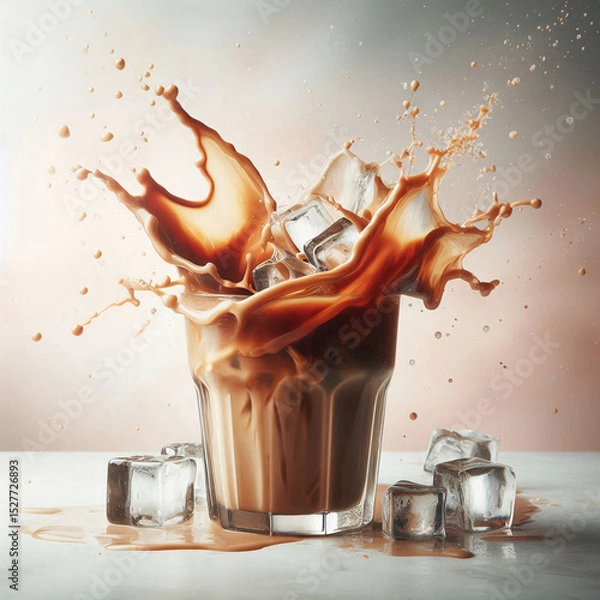 Obraz Glass of iced coffee with milk splash and ice cubes on a light surface, cold beverage concept.