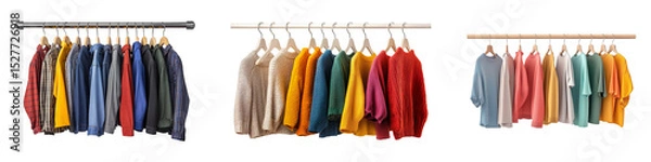 Fototapeta Collection of clothes on hangers, isolated on a transparent background