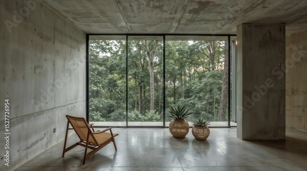 Fototapeta Minimalist concrete interior with floor-to-ceiling windows overlooking forest