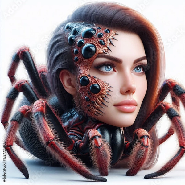 Obraz A surreal blend of a woman and a spider. The woman has long brown hair and a spider-like face with red and black features. The body resembles a large spider.