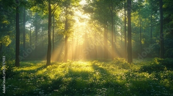 Fototapeta serene forest glade illuminated by soft morning light, Generative AI