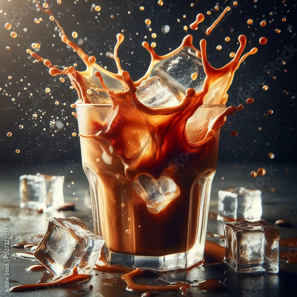 Obraz Glass of iced coffee with ice cubes splashing, dark background, cold beverage concept.