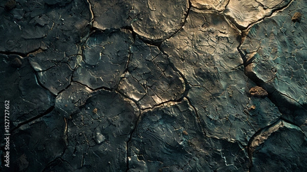 Fototapeta Abstract cracked stone floor with deep crevices and natural debris.