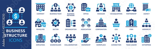 Fototapeta Business structure icon set. Company, office, business network, hierarchy, employees, organization, agency, workplace, corporation and more. Solid vector icons collection.