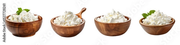 Fototapeta Collection of cottage cheese in wooden bowls, isolated on a transparent background