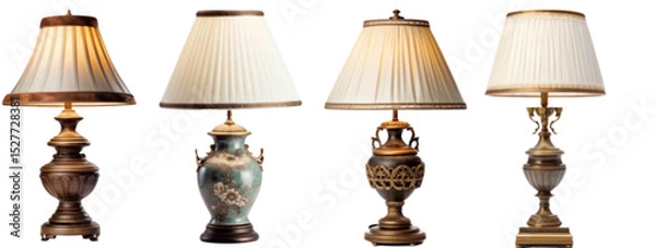 Fototapeta A collection of four vintage table lamps with different bases and pleated lamp shades displayed together