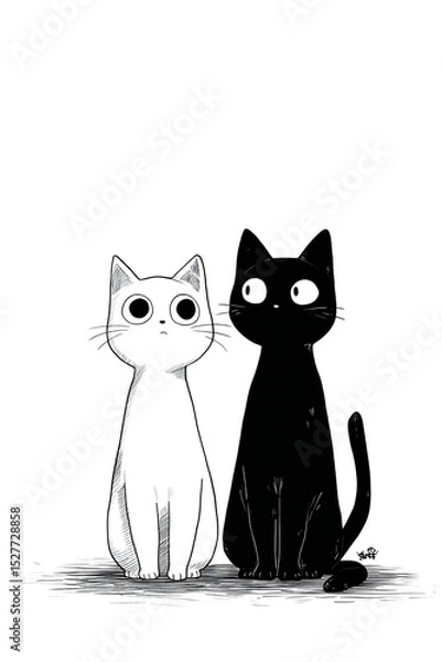 Fototapeta Two cartoon cats sitting side by side against a black background with a white cat and a black cat isolated white background