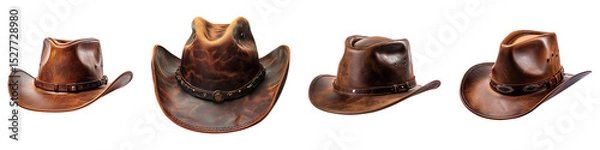 Fototapeta Collection of cowboy leather hats, isolated on a transparent background