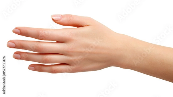 Fototapeta A fair skinned hand reaching out with fingers extended against a black isolated background view from above isolated white background