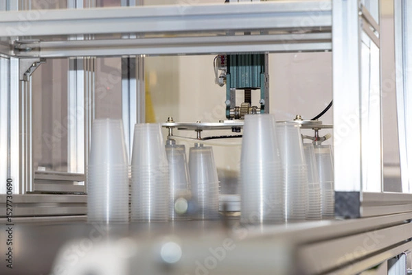 Obraz Transparent plastic cups on a conveyor belt in a production hall. Plastic injection molding. Industrial machinery in the background. Automation and packaging concept