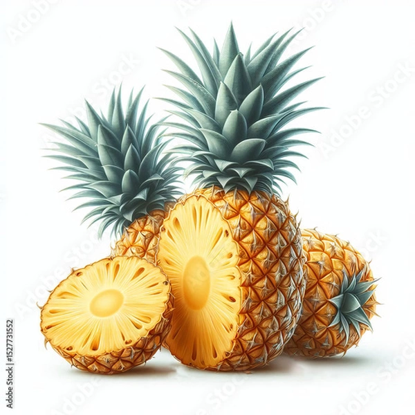 Obraz Two whole pineapples and one pineapple sliced in half on a white background. Tropical fruit with spiky green leaves and textured yellow skin.
