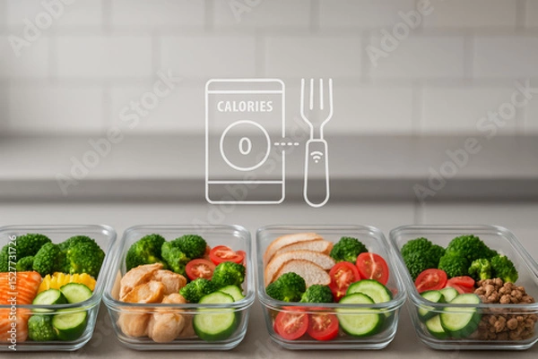 Obraz Weight loss transformation concept shown with healthy meal prep and calorie tracking app icon