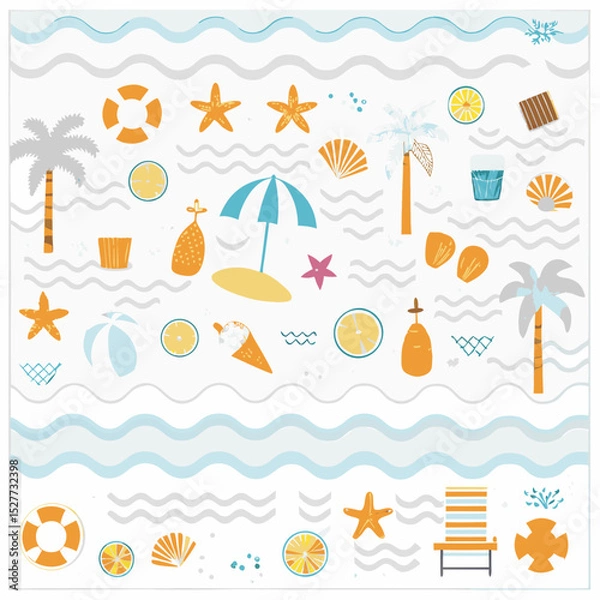 Fototapeta A vibrant vector illustration of tropical beach elements perfect for a summer holiday background, featuring sun, sand, sea, palm trees, and an umbrella