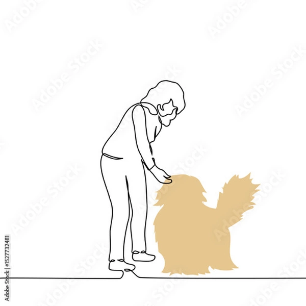 Fototapeta woman bending over and petting fluffy dog ​​on the head - one line art vector. concept passerby dog ​​lover, owner and pet, veterinarian and patient