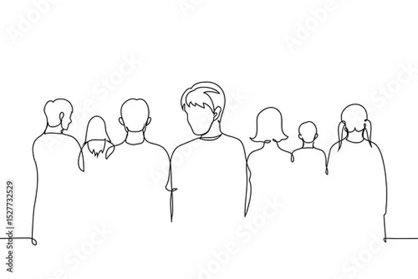 Fototapeta man turned around and looks straight at camera, portrait without face - one line art vector. concept one person notices among crowd of people with their backs turned