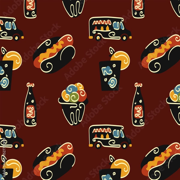 Fototapeta Classic retro pattern hot dogs wrapper packaging illustration by hand
