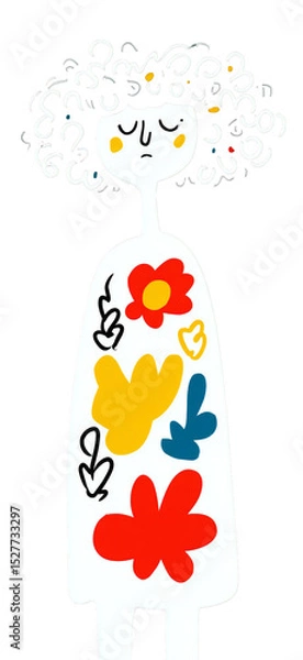 Fototapeta Stylized figure with floral dress and curly hair expressing a sad emotion in a simple art style isolated white background