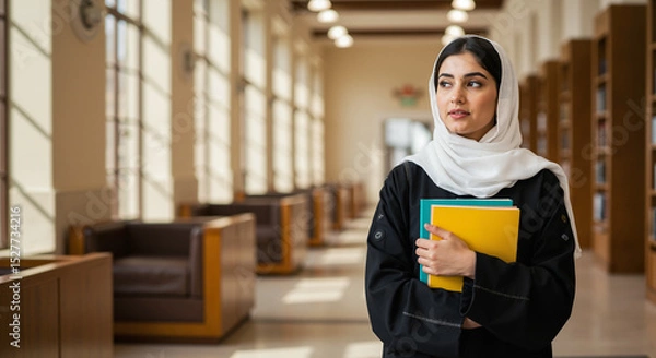 Obraz Young woman in abaya holding books while standing in library  