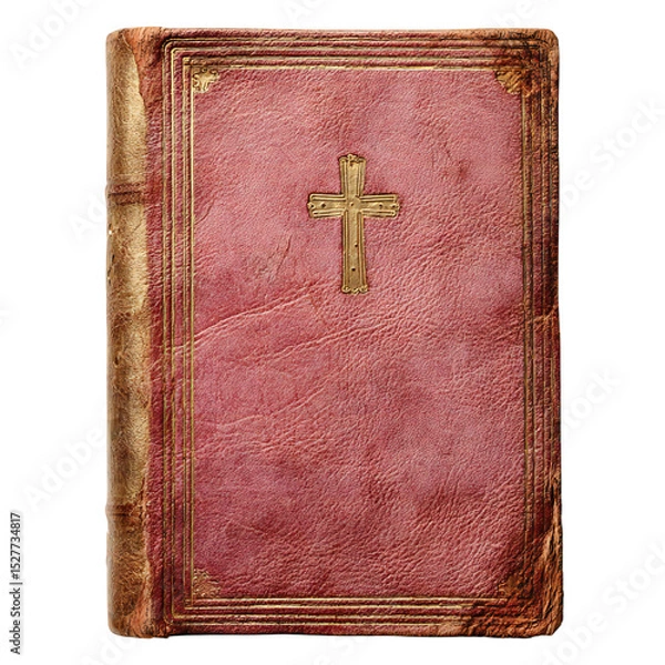Fototapeta A close up shot of an old red leather bound book with a gold cross on the cover and gold trim details isolated white background