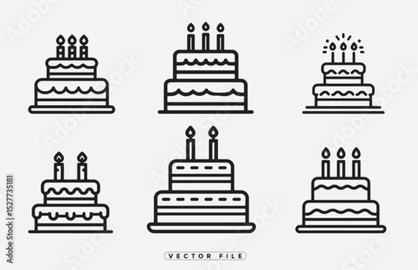 Fototapeta Collection of Birthday Cake Icons with Candles in Outline Style