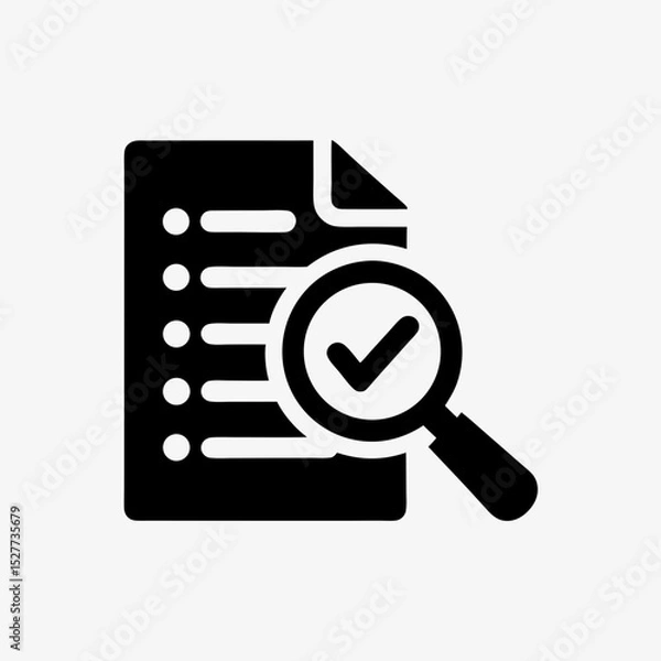 Obraz Checklist document icon with magnifying glass and check mark symbol in black silhouette
