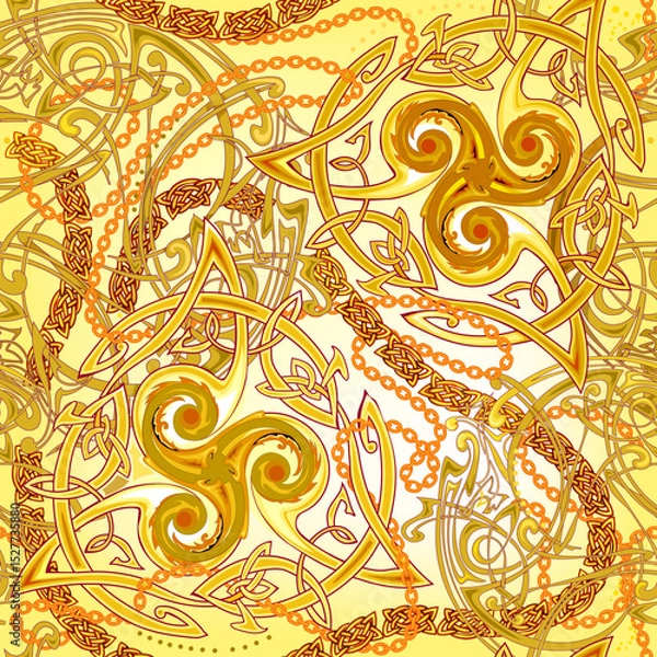 Fototapeta Seamless pattern ornament with ancient Celtic motifs, Celtic knot, triple spiral symbols and weaving golden chains. Background for design, fabric, mural wallpaper. Hand drawn vector illustration.