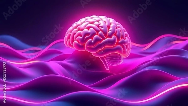 Obraz A Glowing Brain Surrounded by Smooth Waves and Neon Lines, Representing Deep Focus and Creativity, Digital Art, Suitable for Tech or Productivity Visuals