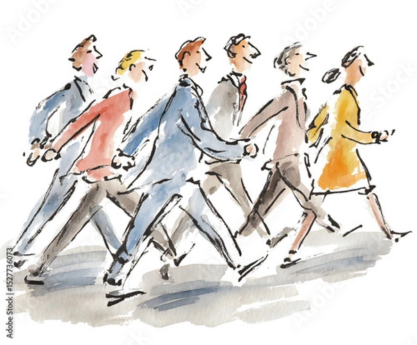 Fototapeta Watercolor illustration of six people walking together in a row wearing business attire on a white background isolated white background