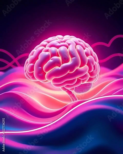 Obraz A Glowing Brain Surrounded by Smooth Waves and Neon Lines, Representing Deep Focus and Creativity, Digital Art, Suitable for Tech or Productivity Visuals