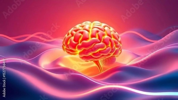 Obraz A Glowing Brain Surrounded by Smooth Waves and Neon Lines, Representing Deep Focus and Creativity, Digital Art, Suitable for Tech or Productivity Visuals