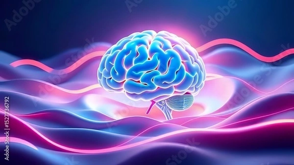 Obraz A Glowing Brain Surrounded by Smooth Waves and Neon Lines, Representing Deep Focus and Creativity, Digital Art, Suitable for Tech or Productivity Visuals